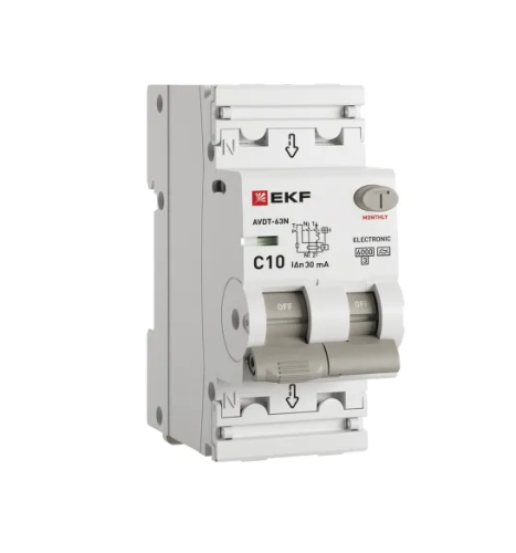 Диф.автомат 10А 30мА АВДТ-63N 6кА электронный тип А , 1P+N EKF PROxima НОВАЯ ЛИНЕЙКА